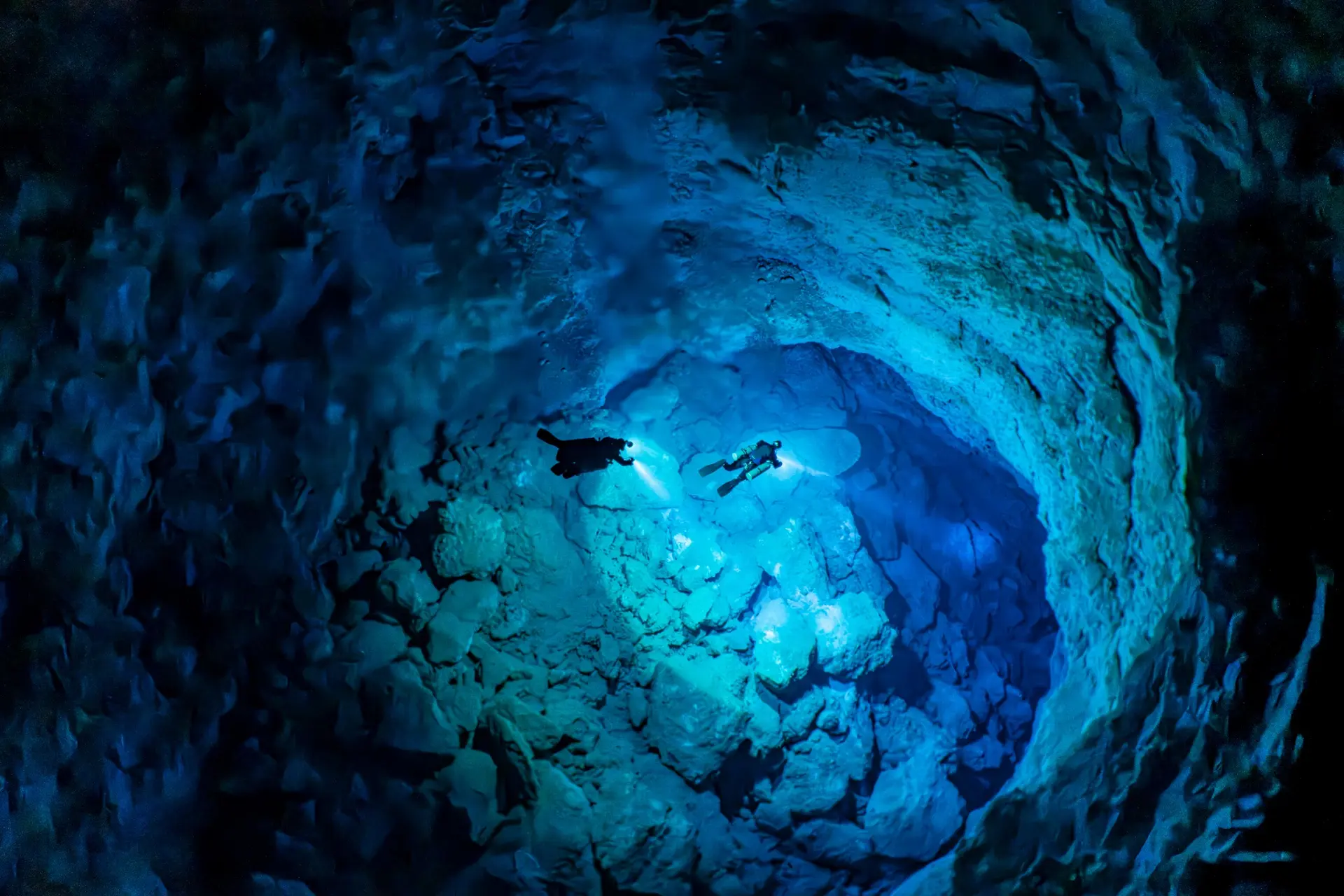 Divers beneath the blue light of a cenote